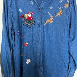 Denim ladies Christmas Santa shirt Med embroidered long sleeve